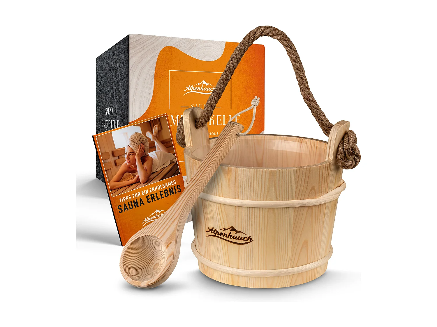 ALPENHAUCH Sauna Eimer mit Kelle [100% Naturholz]