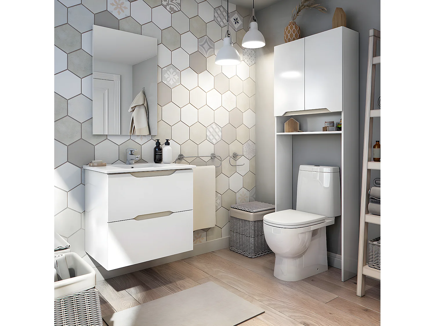 Meuble /étagère dessus WC de salle de bain 60cm avec 2 portes coloris blanc et cambrian  - Longueur 60 x Profondeur 23 x Hauteur 180 cm