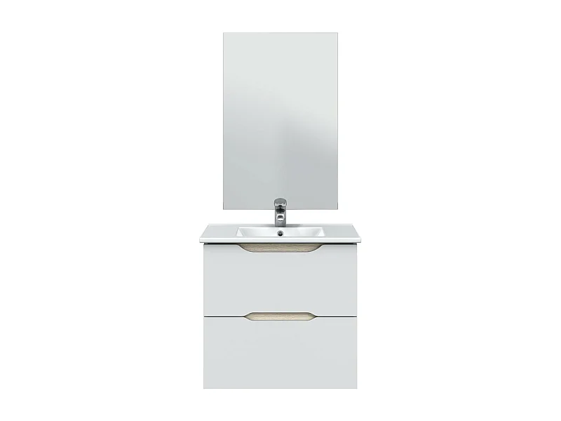 Meuble de salle de bain suspendu 60cm avec 2 tiroirs + miroir coloris blanc - Longueur 60  x Profondeur 45 x Hauteur 57 cm