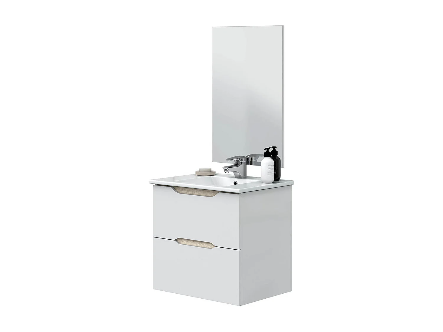 Meuble de salle de bain suspendu 60cm avec 2 tiroirs + miroir coloris blanc - Longueur 60  x Profondeur 45 x Hauteur 57 cm