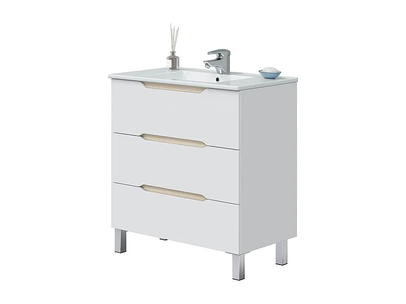 Meuble de salle de bain 80cm avec 3 tiroirs sans poignée coloris blanc  - Longueur 80 x Profondeur 45 x Hauteur 86 cm