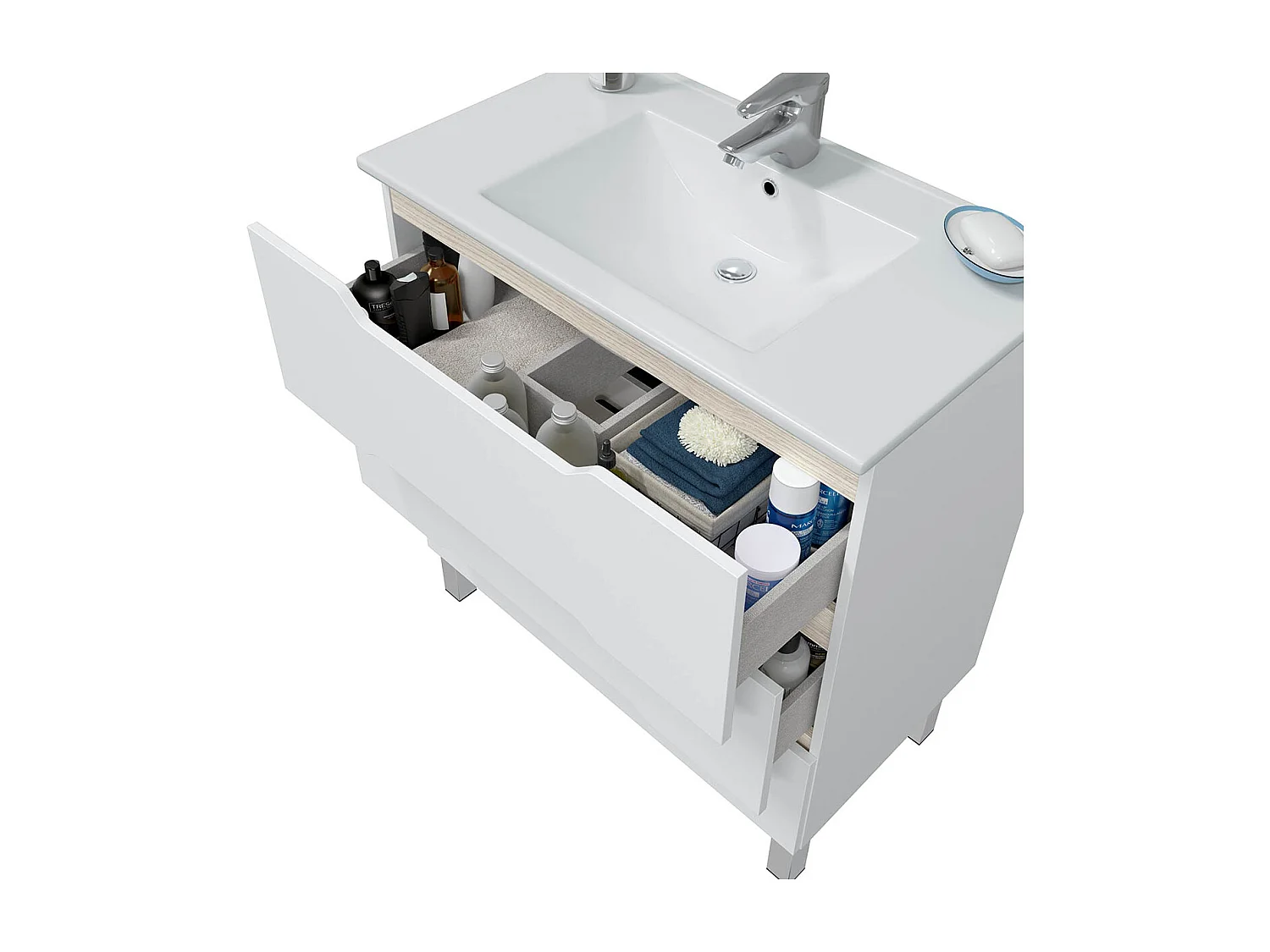 Meuble de salle de bain 80cm avec 3 tiroirs sans poignée coloris blanc  - Longueur 80 x Profondeur 45 x Hauteur 86 cm