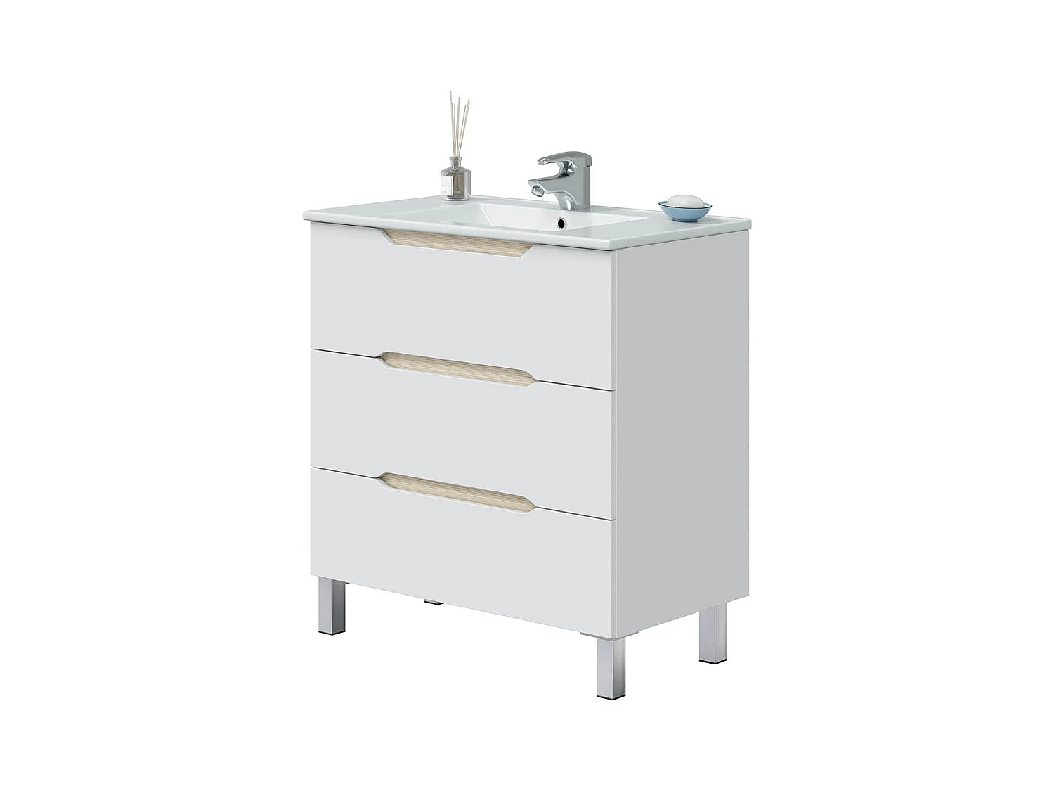 Meuble de salle de bain 80cm avec 3 tiroirs sans poignée coloris blanc  - Longueur 80 x Profondeur 45 x Hauteur 86 cm