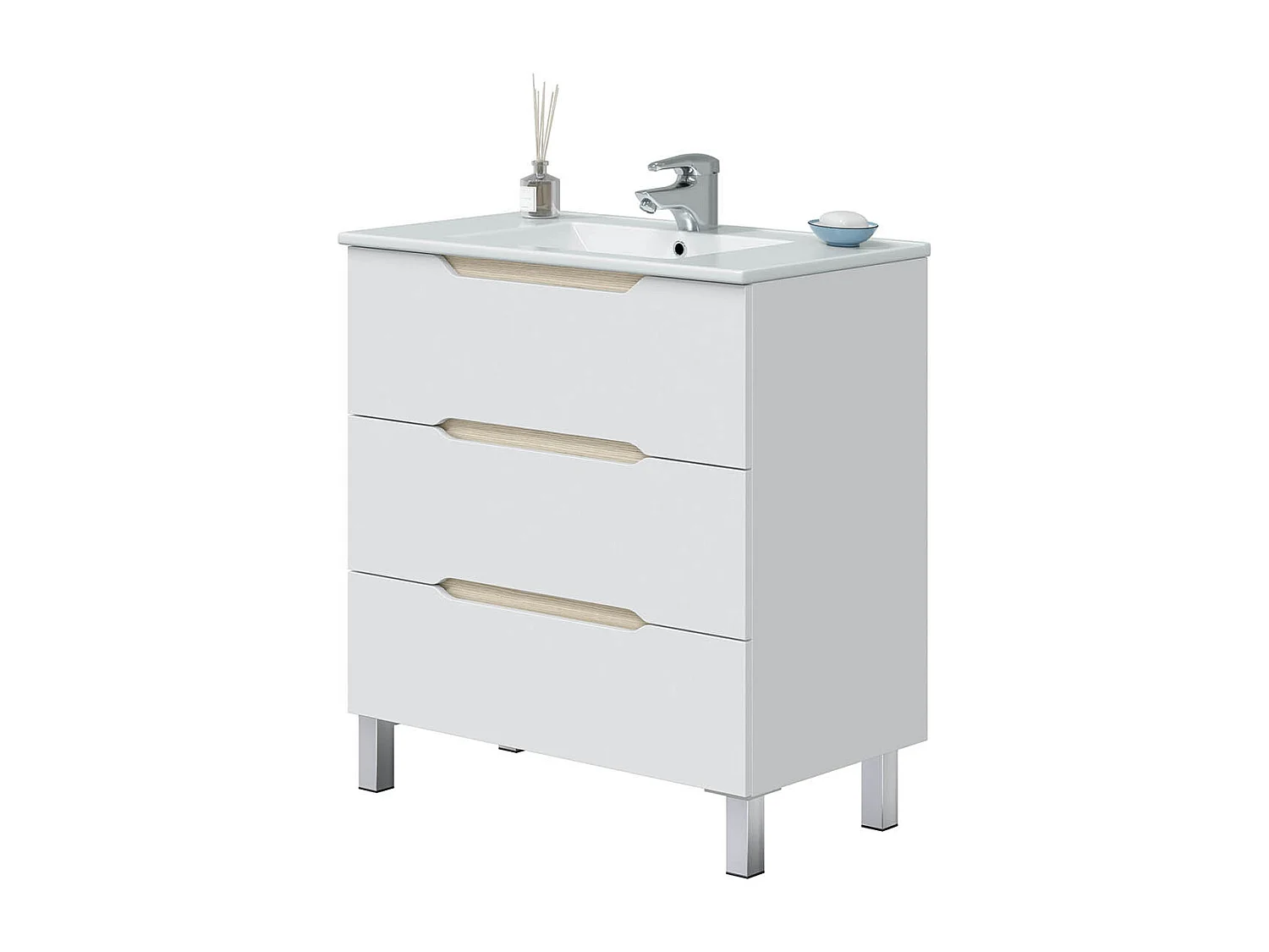 Meuble de salle de bain 80cm avec 3 tiroirs sans poignée coloris blanc  - Longueur 80 x Profondeur 45 x Hauteur 86 cm