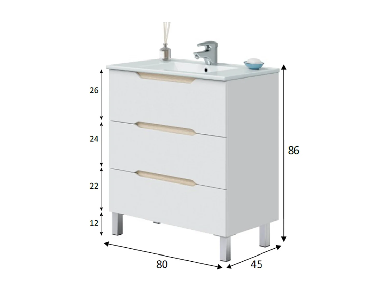 Meuble de salle de bain 80cm avec 3 tiroirs sans poignée coloris blanc  - Longueur 80 x Profondeur 45 x Hauteur 86 cm