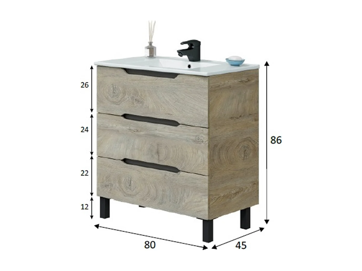 Meuble de salle de bain 80cm avec 3 tiroirs sans poignée coloris chêne à nœuds - Longueur 80 x Profondeur 45 x Hauteur 86 cm