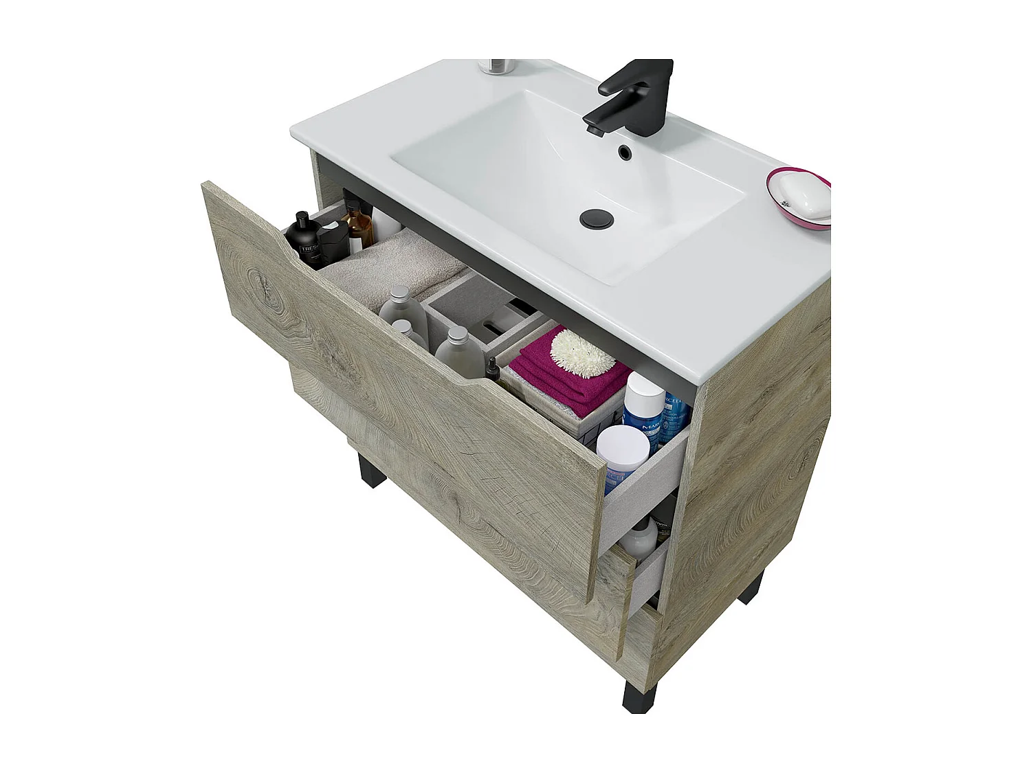 Meuble de salle de bain 80cm avec 3 tiroirs sans poignée coloris chêne à nœuds - Longueur 80 x Profondeur 45 x Hauteur 86 cm