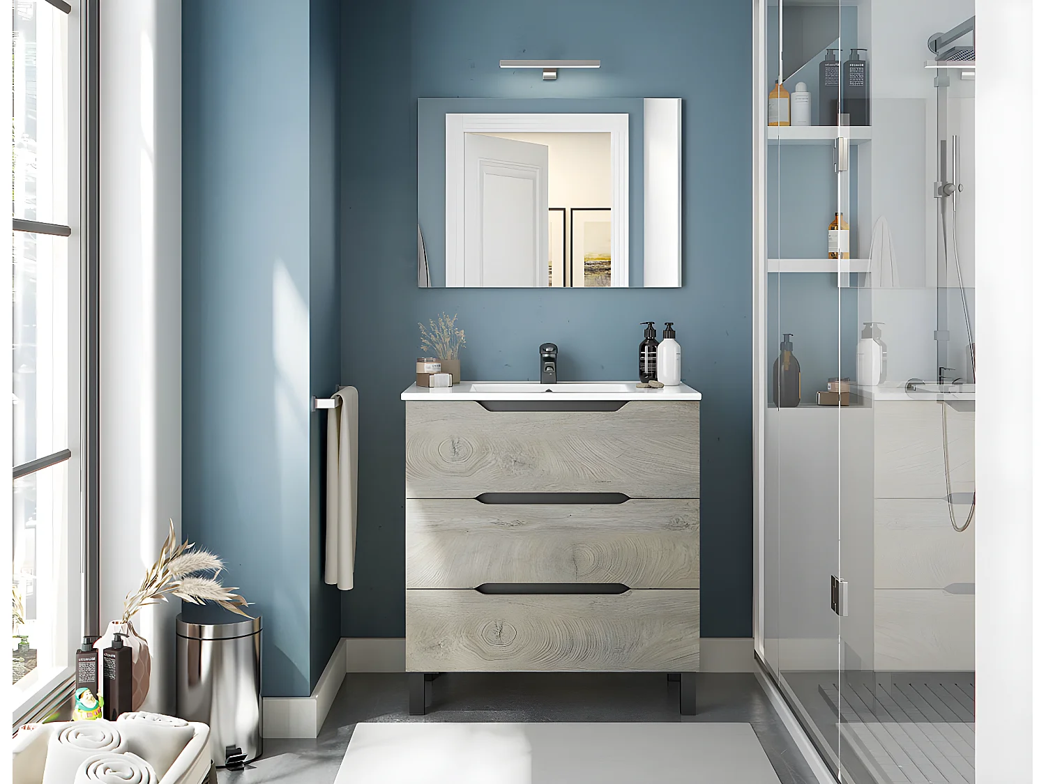 Meuble de salle de bain 80cm avec 3 tiroirs sans poignée coloris chêne à nœuds - Longueur 80 x Profondeur 45 x Hauteur 86 cm