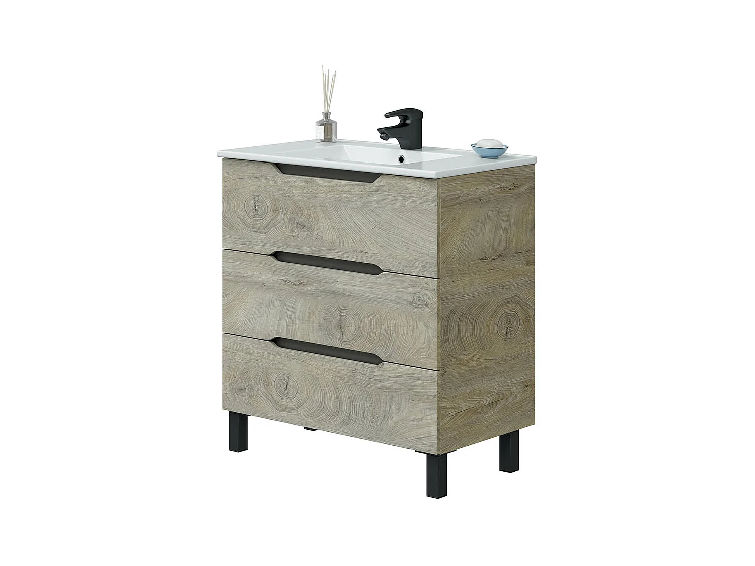 Meuble de salle de bain 80cm avec 3 tiroirs sans poignée coloris chêne à nœuds - Longueur 80 x Profondeur 45 x Hauteur 86 cm