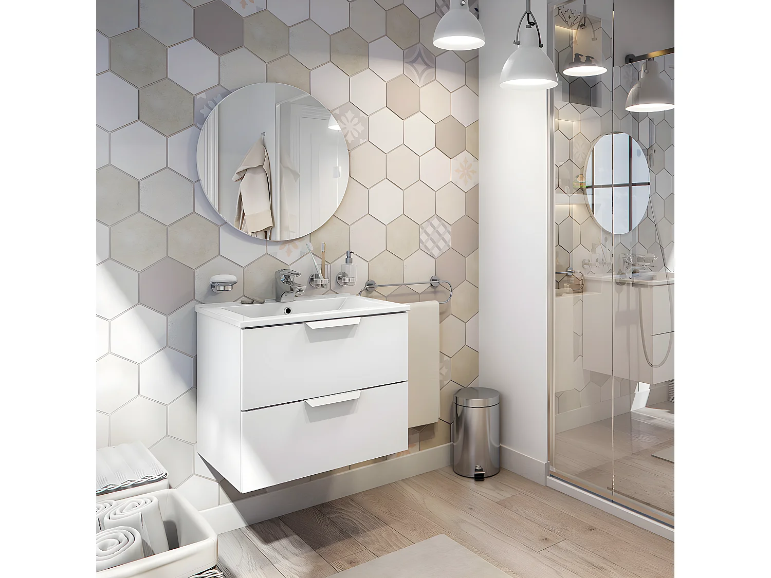 Meuble de salle de bain suspendu 60 cm avec 2 tiroirs coloris blanc sans miroir - Longueur 60 x Profondeur 45 x Hauteur 50 cm