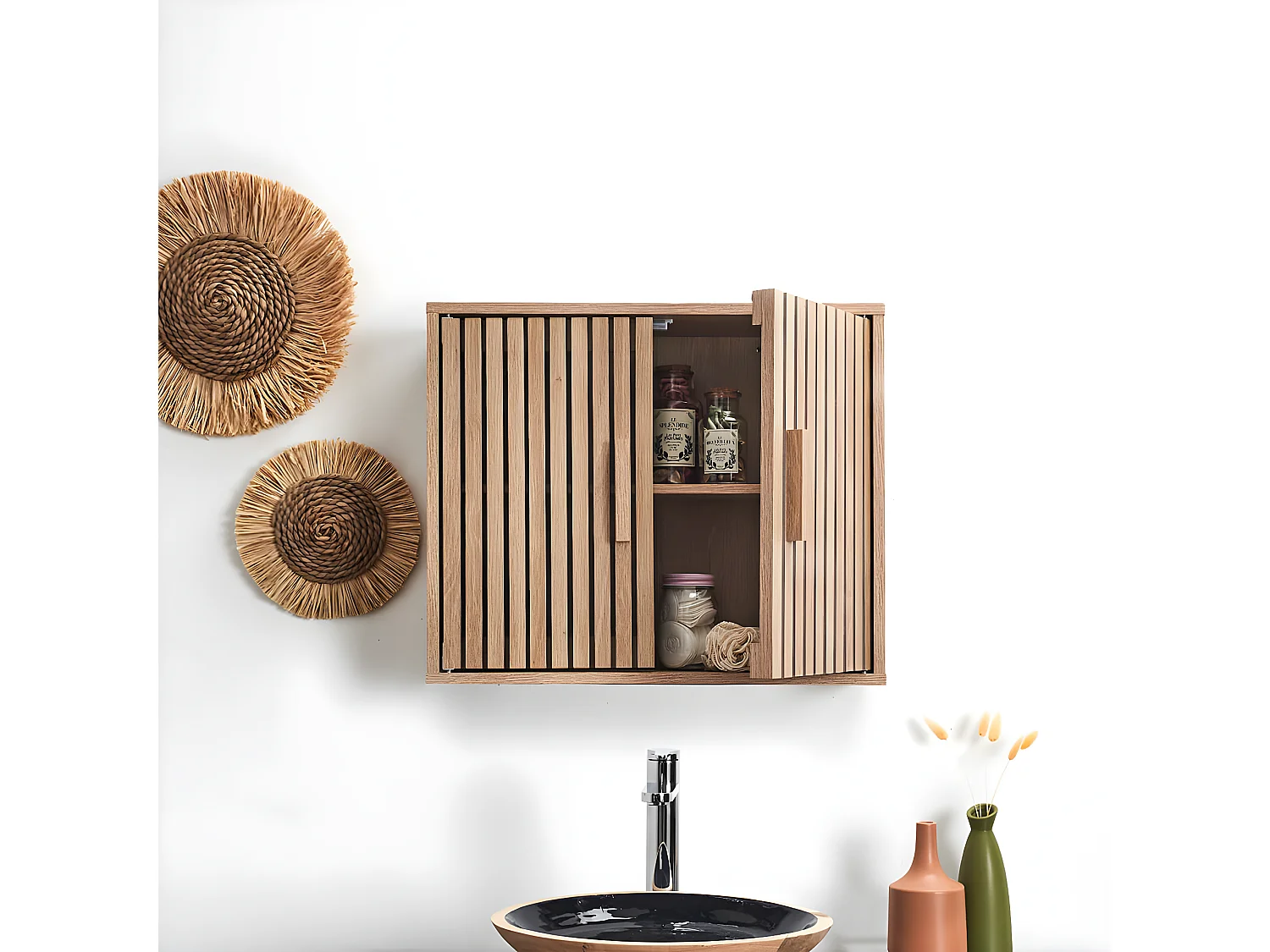 PAJAN - Armoire Murale 2 Portes Effet Bois avec Tasseaux