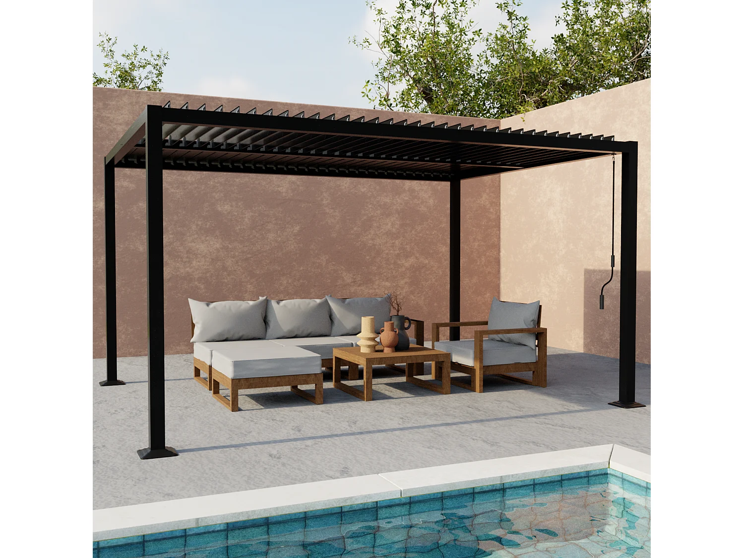 Pergola bioclimatique noir. aluminium et acier. 3x4m. lames orientables