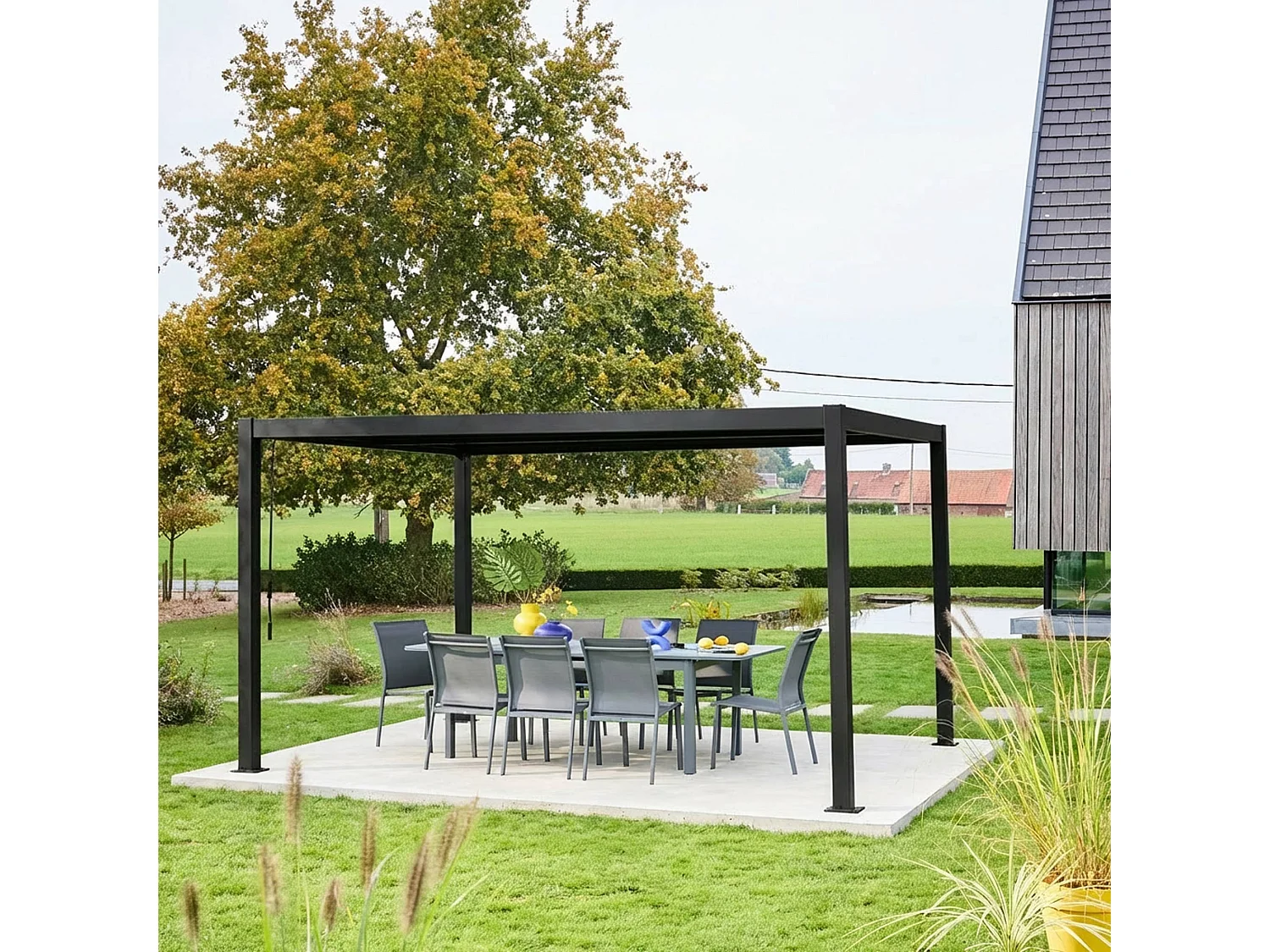 Pergola bioclimatique noir. aluminium et acier. 3x4m. lames orientables