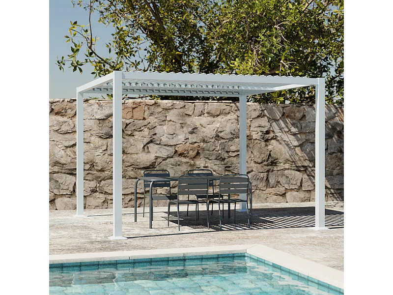 Pergola bioclimatique blanche. aluminium et acier. 3x3m. lames orientables
