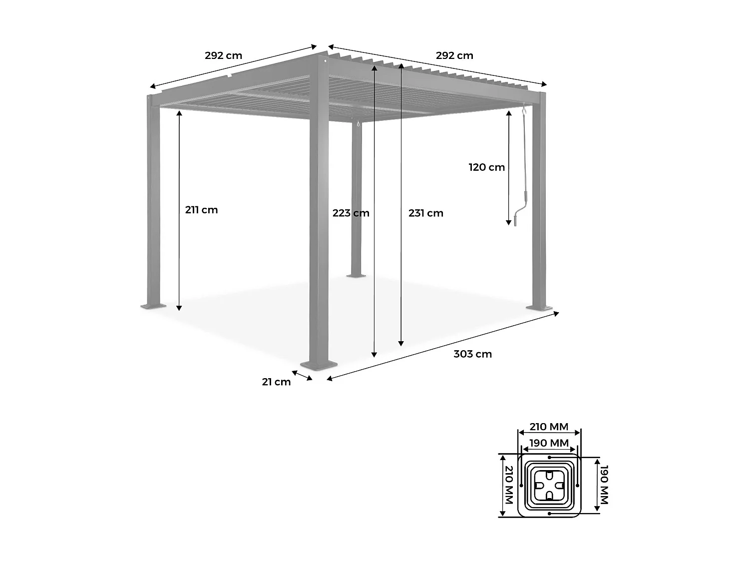 Pergola bioclimatica 3x3m alluminio e acciaio, lamelle orientabili,