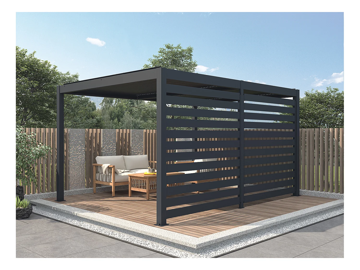 Pergola bioklimatyczna wolnostojąca elektryczna z antracytowego aluminium z otwieranym dachem i ścianką 3,68 m - 12 m² - AMADORA