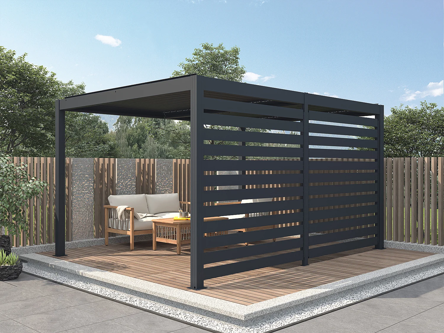 Pergola bioklimatyczna wolnostojąca elektryczna z antracytowego aluminium z otwieranym dachem i ścianką 3,68 m - 12 m² - AMADORA
