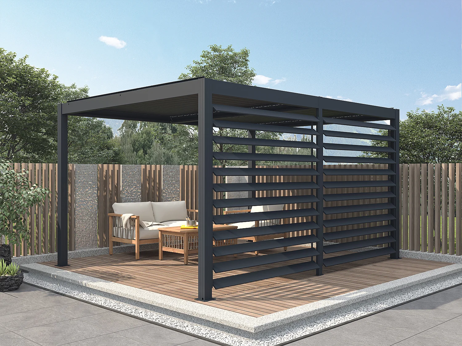 Pergola bioklimatyczna wolnostojąca elektryczna z antracytowego aluminium z otwieranym dachem i ścianką 3,68 m - 12 m² - AMADORA