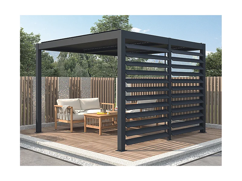 Pergola bioclimatique autoportante électrique anthracite en aluminium avec lames orientables et claustra 2,78 m - 12 m² - AMADORA