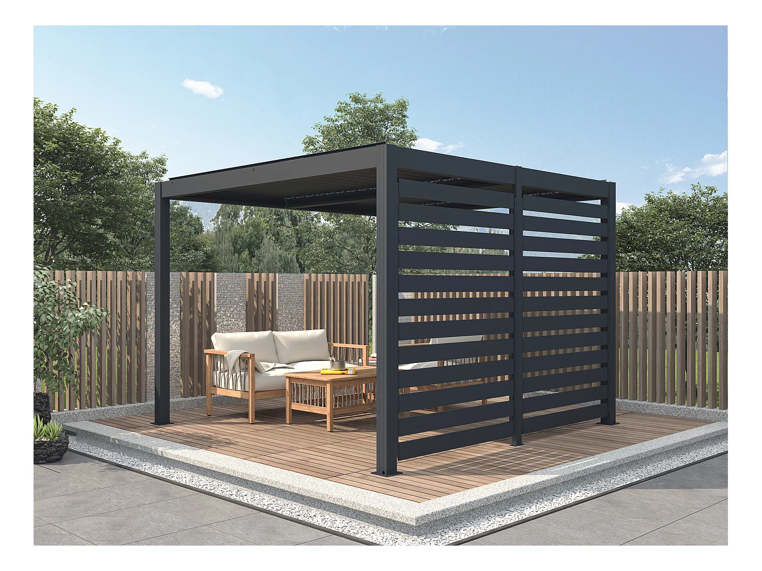 Pergola bioclimatique autoportante électrique anthracite en aluminium avec lames orientables et claustra 2,78 m - 12 m² - AMADORA