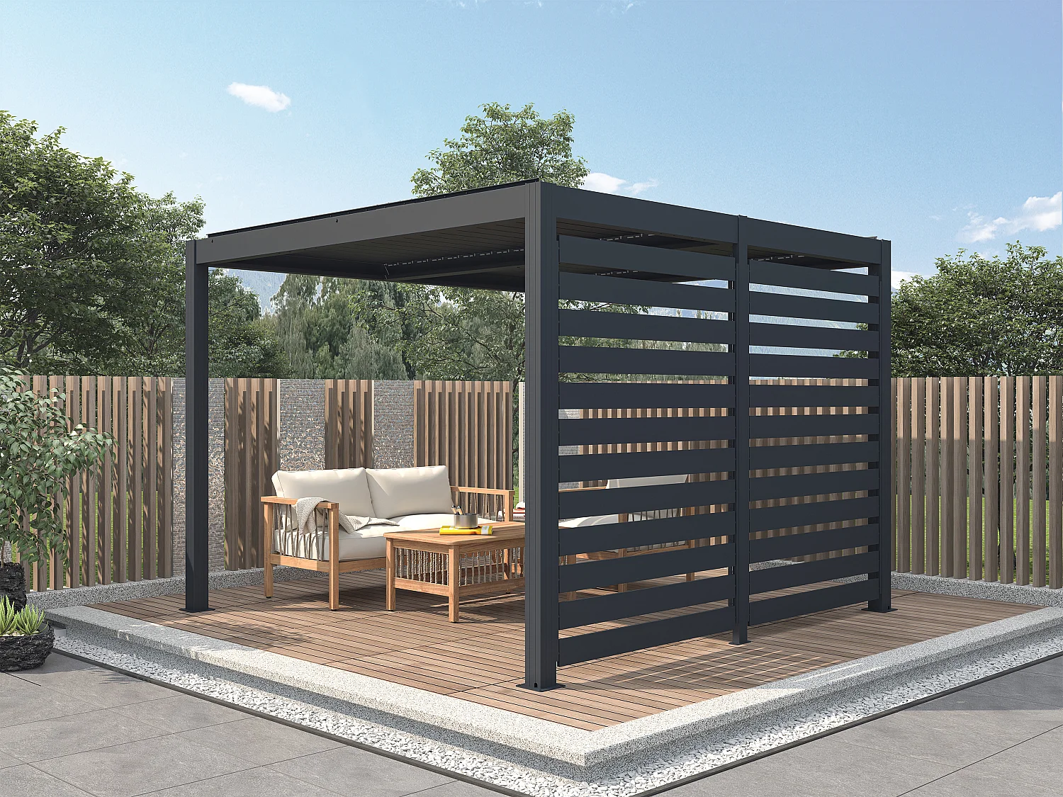 Pergola bioclimatique autoportante électrique anthracite en aluminium avec lames orientables et claustra 2,78 m - 12 m² - AMADORA