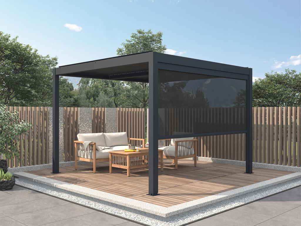 Pergola bioclimatique autoportante électrique anthracite en aluminium avec lames orientables et rideau rétractable 2,78 m - 12 m² - AMADORA