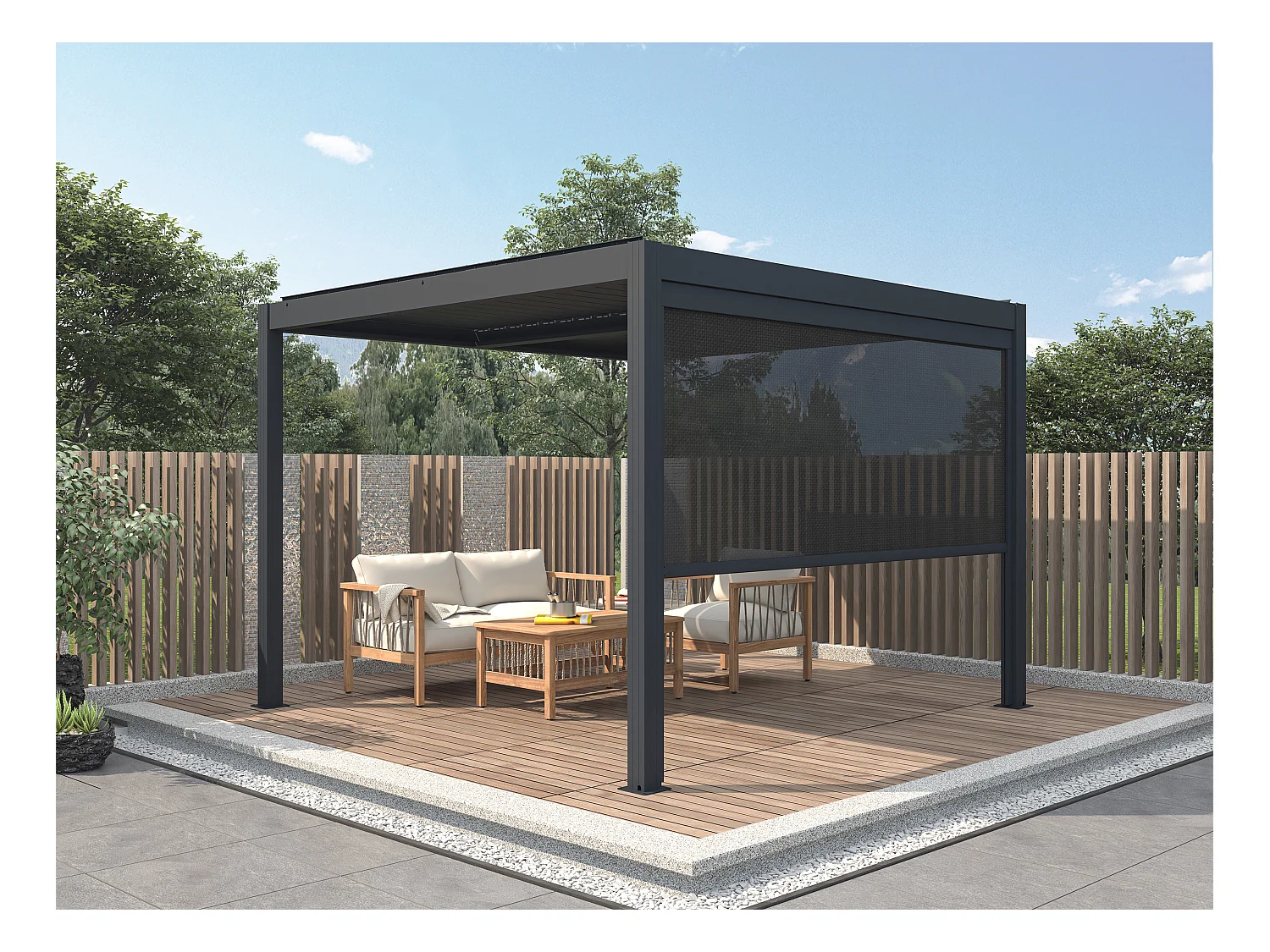 Pergola bioclimatique autoportante électrique anthracite en aluminium avec lames orientables et rideau rétractable 2,78 m - 12 m² - AMADORA
