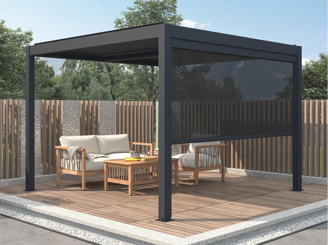 Pérgola bioclimática elétrica autoportante antracite em alumínio com lâminas orientáveis e cortina retrátil 2,78 m, 12 m² - AMADORA