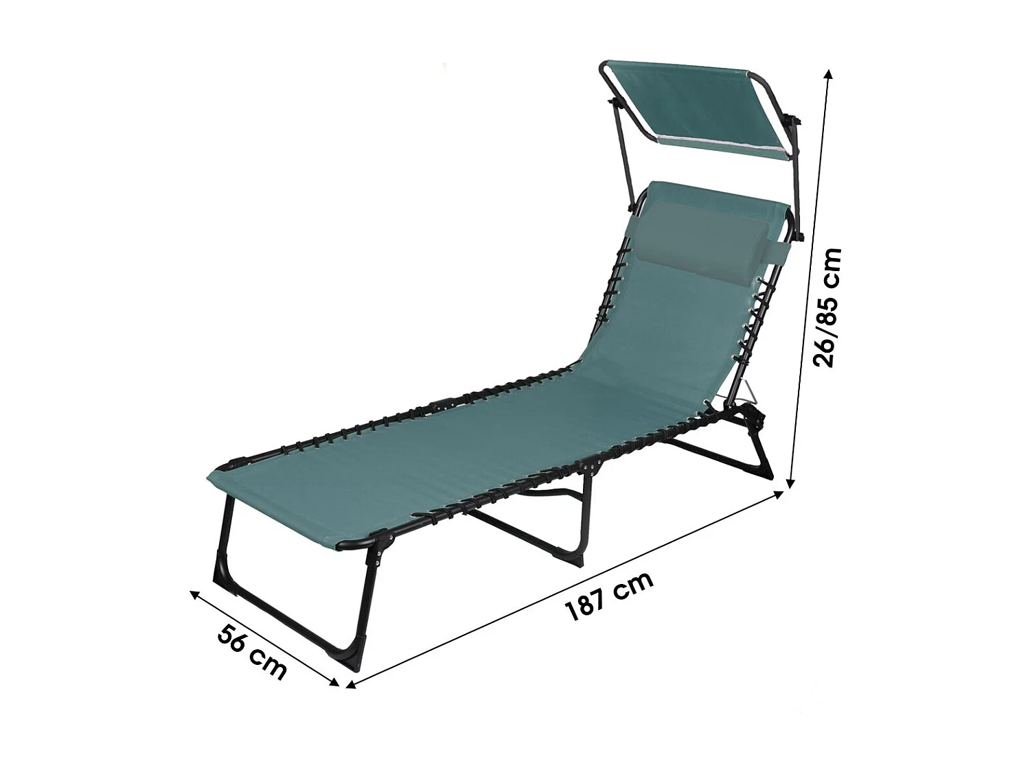 Chaise longue, bain de soleil pliant – Bleu avec pare-soleil et coussin – 187 x 85 x 56 cm