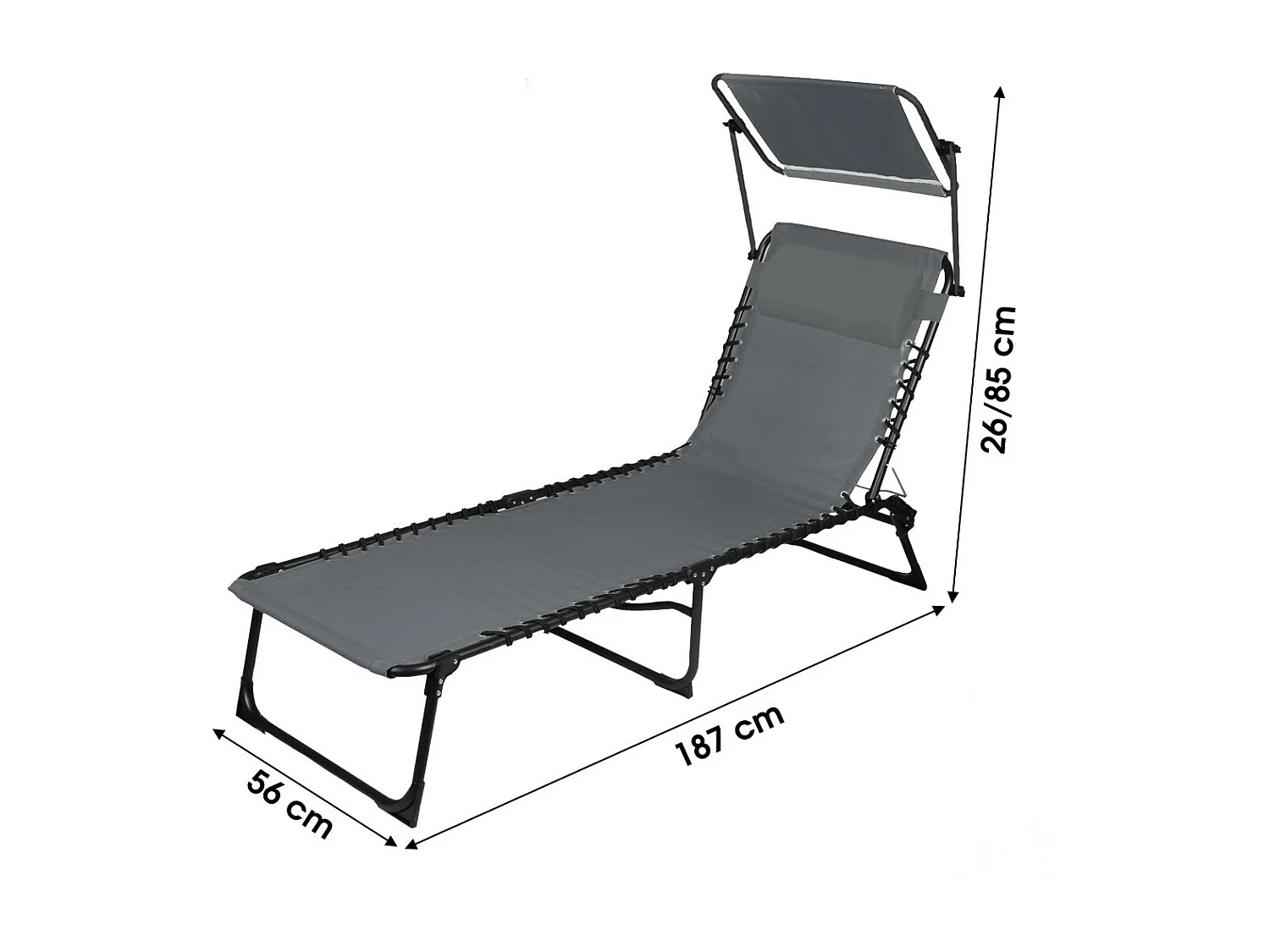 Chaise longue / Bain de soleil avec pare-soleil et coussin coloris gris 187x85x56 cm