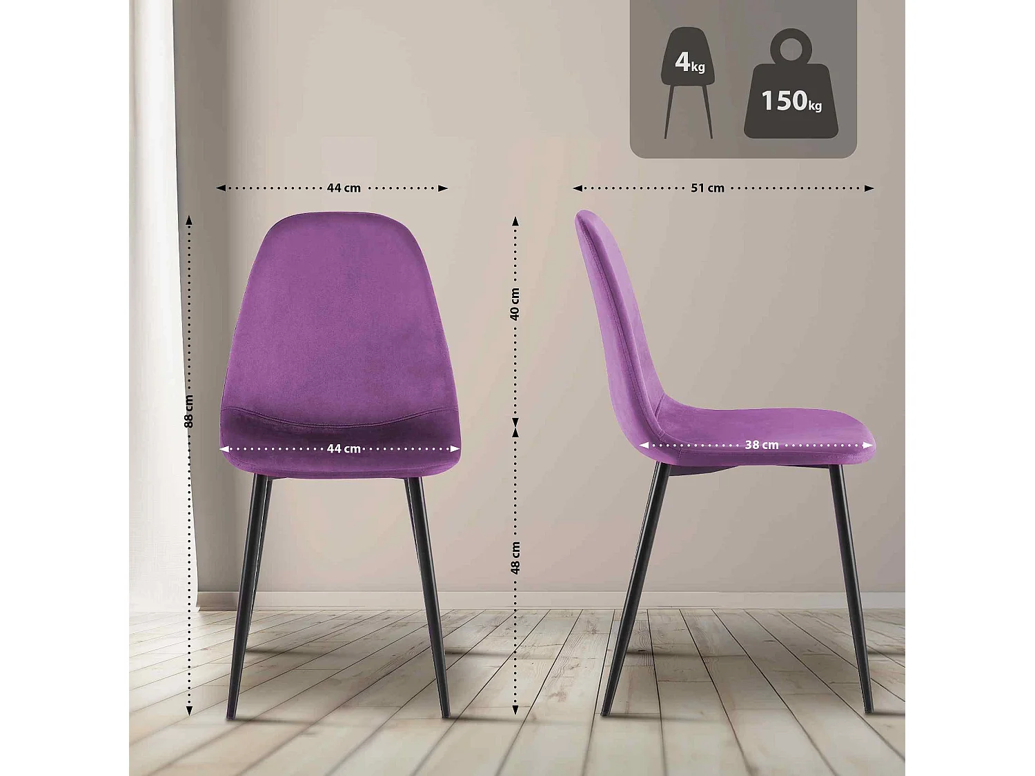 Lot de 4  chaise salle à manger - Velours - Violet - Napier