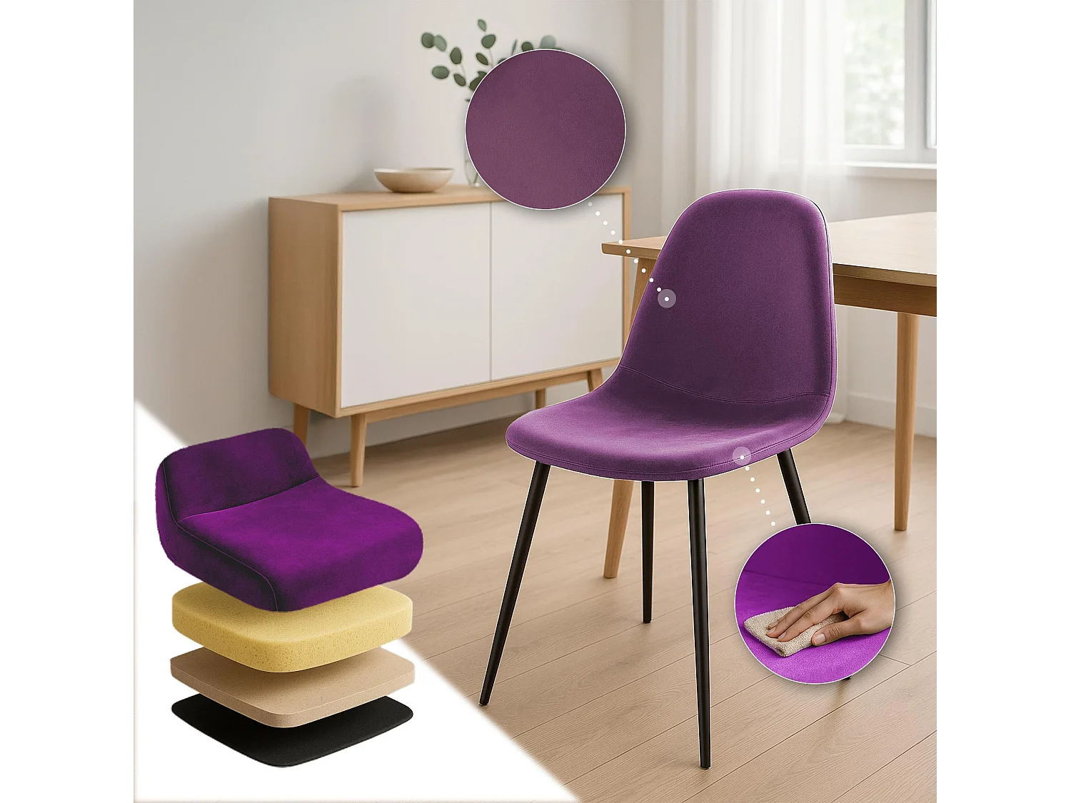 Lot de 4  chaise salle à manger - Velours - Violet - Napier