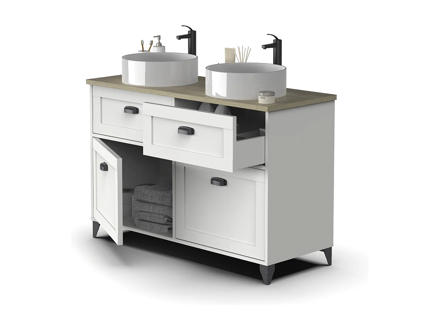 Mueble Lavabo para Baño color Blanco, Roble Cambrian - Longitud 120 x Profundidad 47 x Altura 80 cm