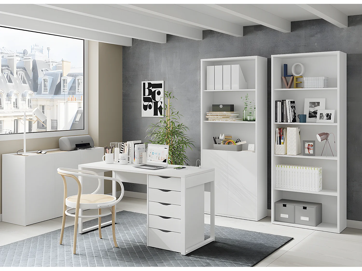 Biblioteca / Estantería de almacenamiento, color Blanco - Altura 196.5 x Longitud 75.5 x Profundidad 33 cm