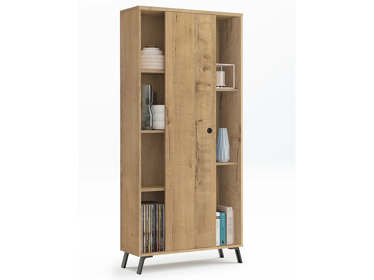 Biblioteca Estantería de 1 puerta corredera color Roble dorado - Altura 180 x Longitud 80 x Profundidad 33 cm