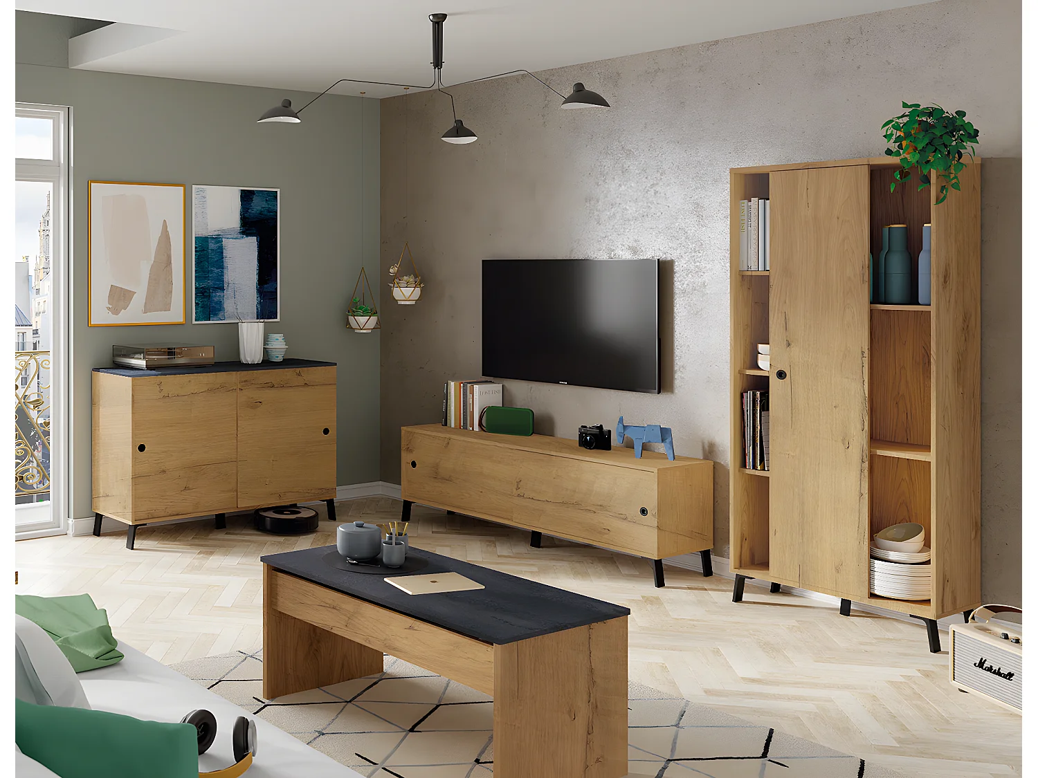 Biblioteca Estantería de 1 puerta corredera color Roble dorado - Altura 180 x Longitud 80 x Profundidad 33 cm