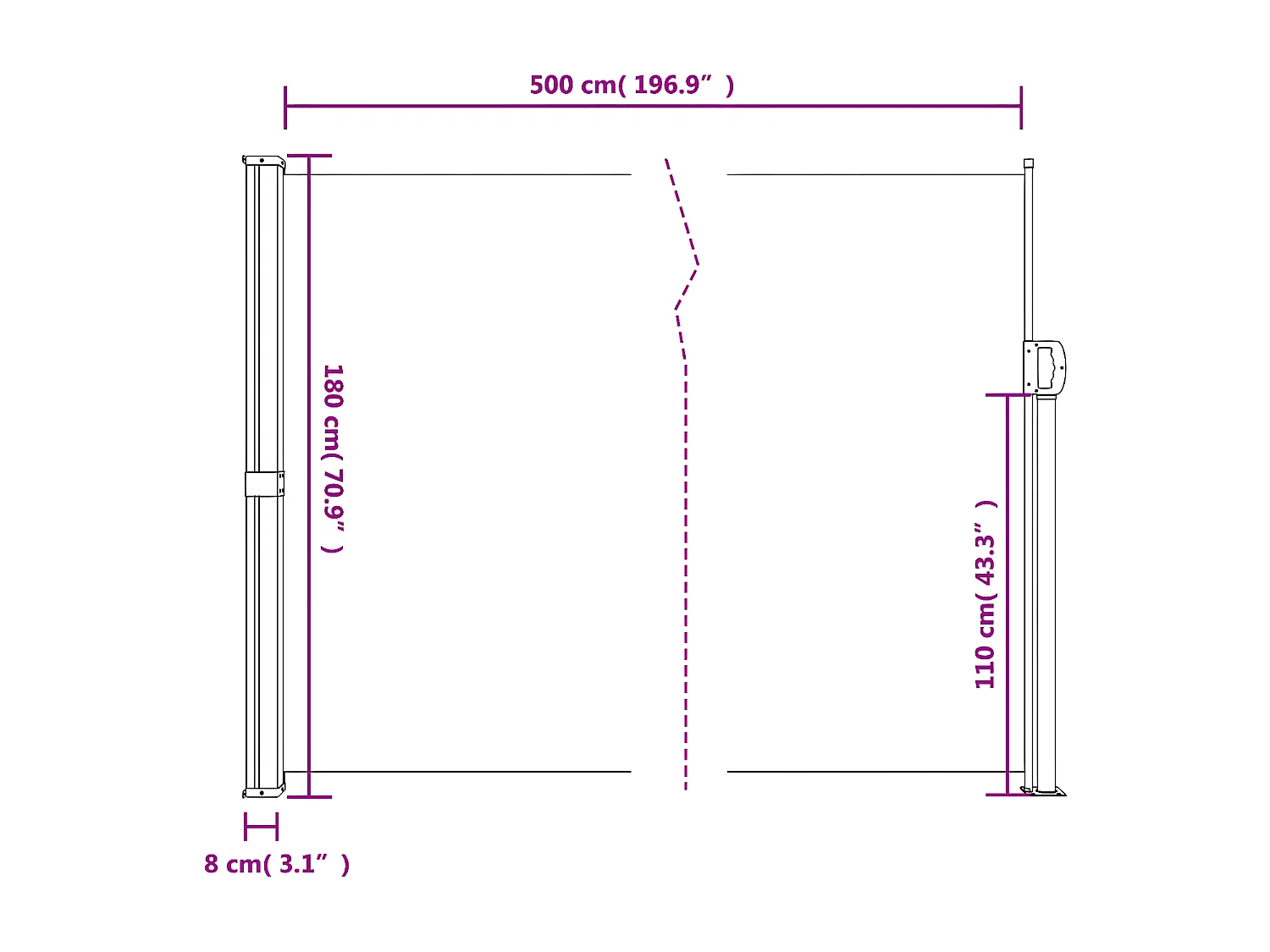 Auvent latéral rétractable crème 180x500 cm