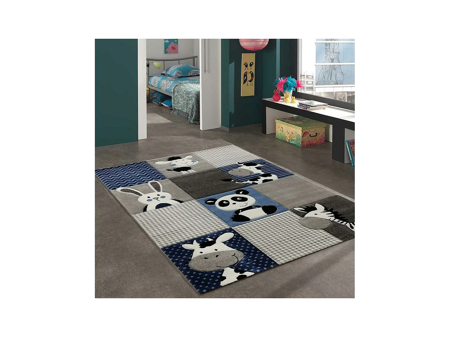 Tapis enfant 200x200 carré tissé bleu et gris motif animaux ZOO