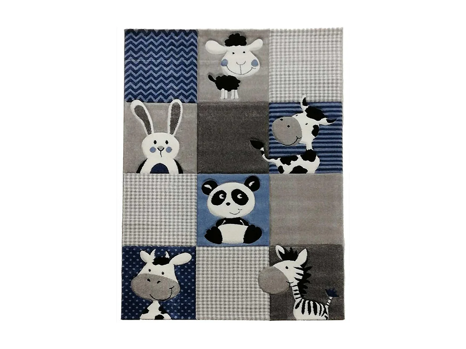 Tapis enfant 200x200 carré tissé bleu et gris motif animaux ZOO