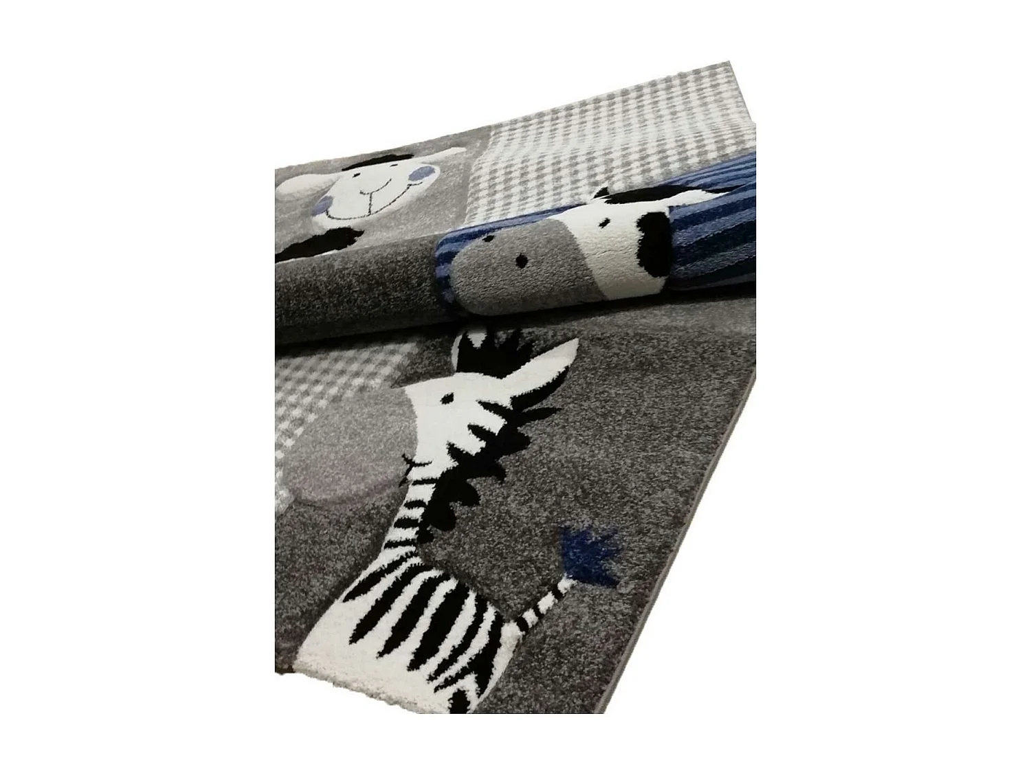 Tapis enfant 200x200 carré tissé bleu et gris motif animaux ZOO