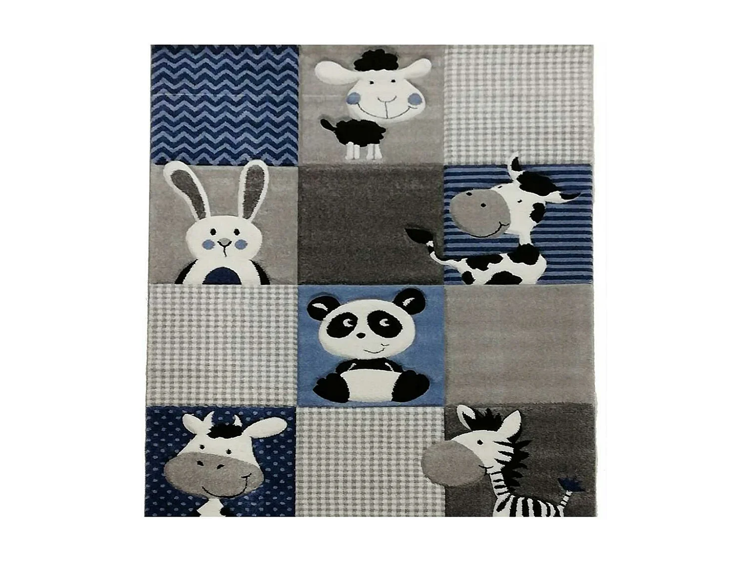 Tapis enfant 200x200 carré tissé bleu et gris motif animaux ZOO