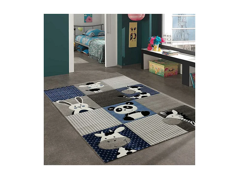 Tapis enfant 200x200 carré tissé bleu et gris motif animaux ZOO