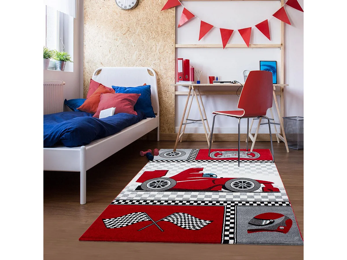 Tapis enfant 160x230 rectangle tissé rouge et gris KID RACE