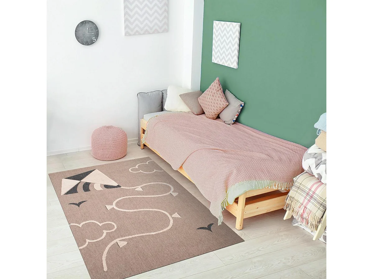 Tapis enfant 80x150 tissé beige et blanc motif fresque CERFVOLANT