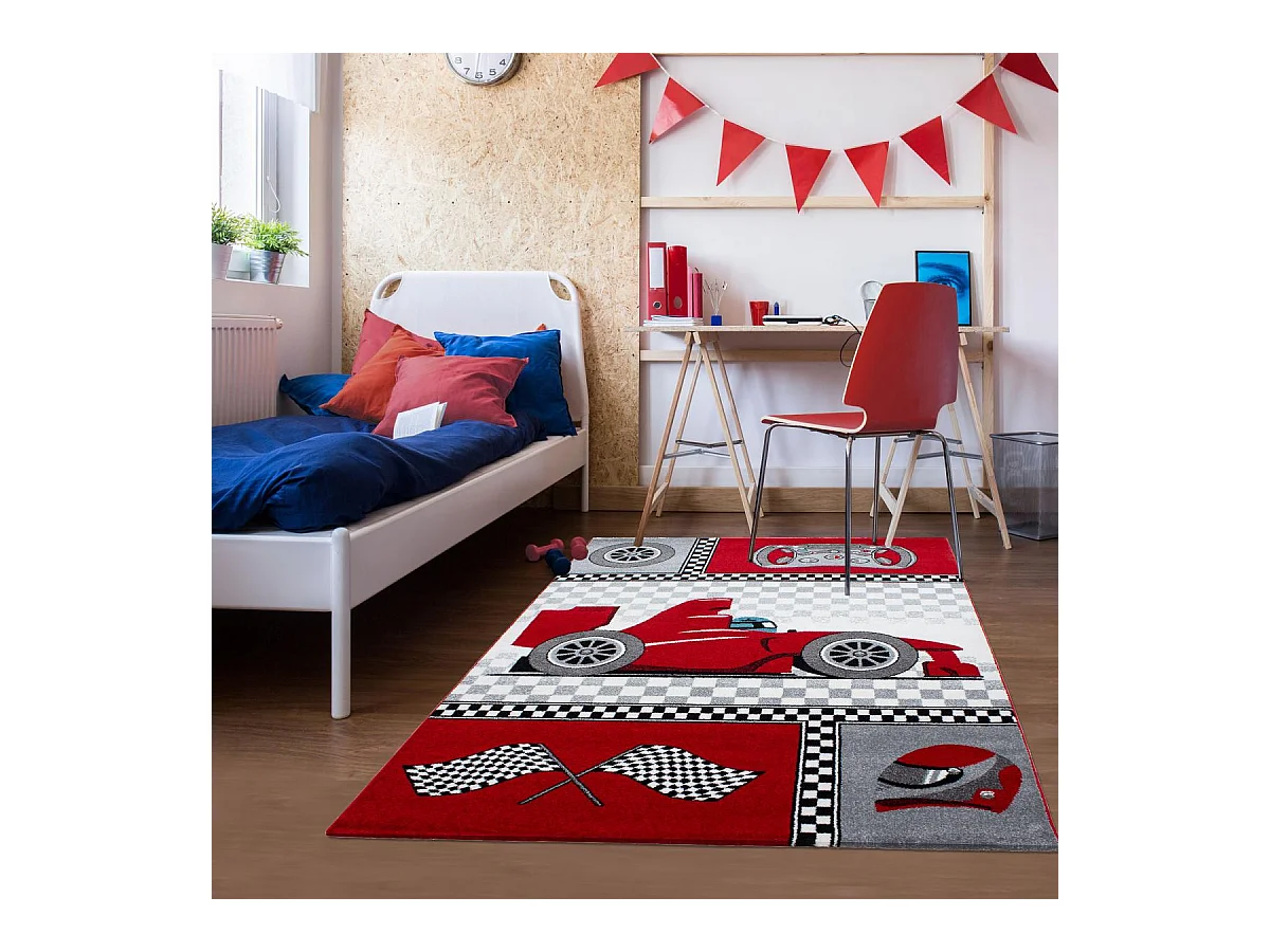 Tapis enfant 120x170 rectangle tissé rouge et gris KID RACE