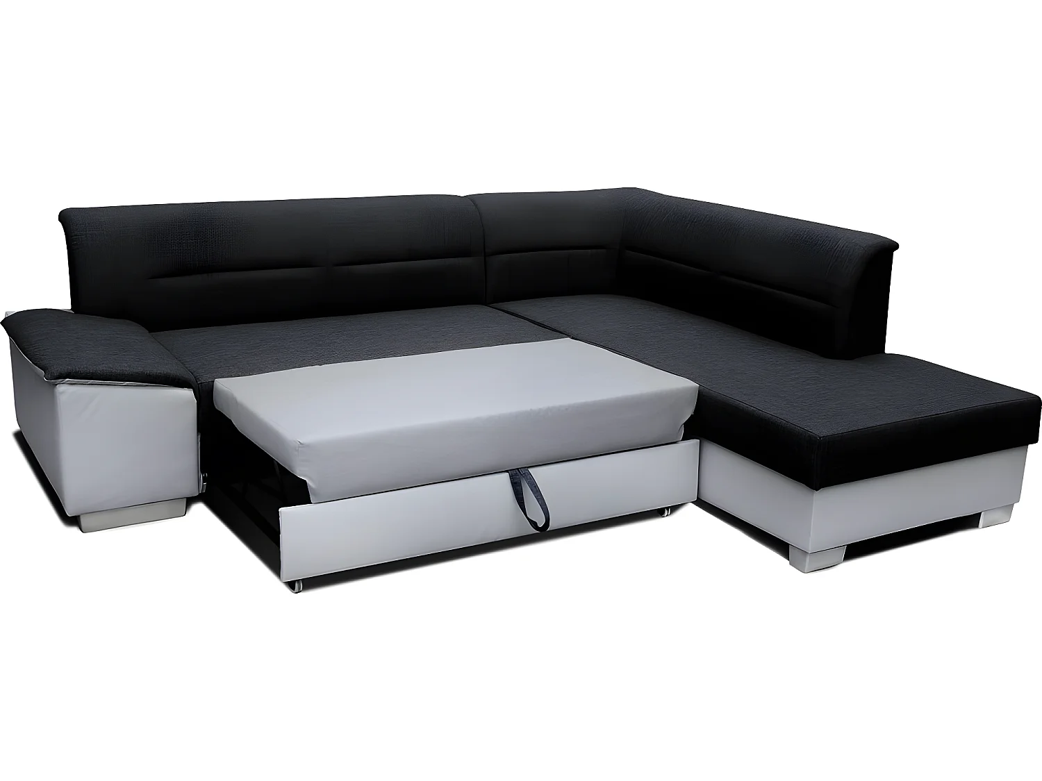 Canapé d'angle convertible en tissu luxe noir et simili cuir blanc cassé, 5 places, avec coffre, angle droit (vu de face), VERTU MIX