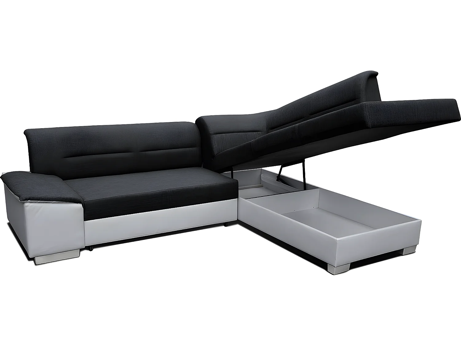 Canapé d'angle convertible en tissu luxe noir et simili cuir blanc cassé, 5 places, avec coffre, angle droit (vu de face), VERTU MIX