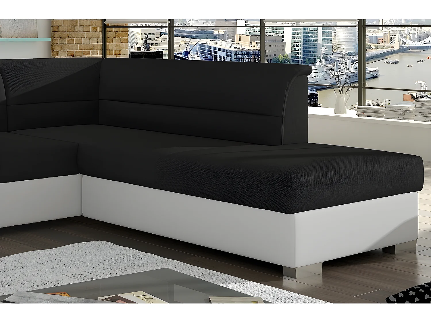 Canapé d'angle convertible en tissu luxe noir et simili cuir blanc cassé, 5 places, avec coffre, angle droit (vu de face), VERTU MIX