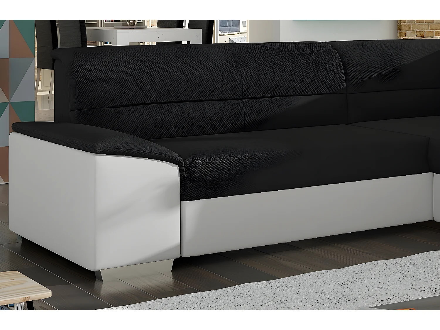 Canapé d'angle convertible en tissu luxe noir et simili cuir blanc cassé, 5 places, avec coffre, angle droit (vu de face), VERTU MIX
