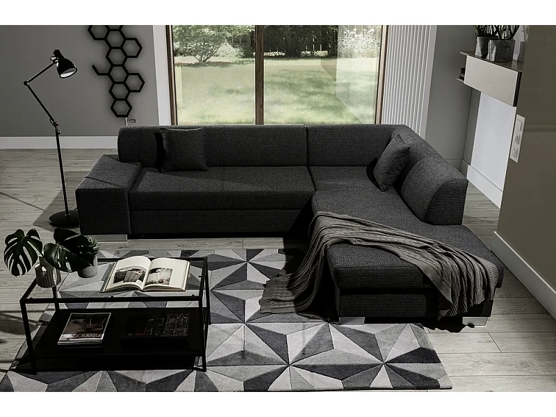 Canapé d'angle convertible en tissu luxe 5 places, coffre, noir, angle droit (vu de face), PORTOFINO